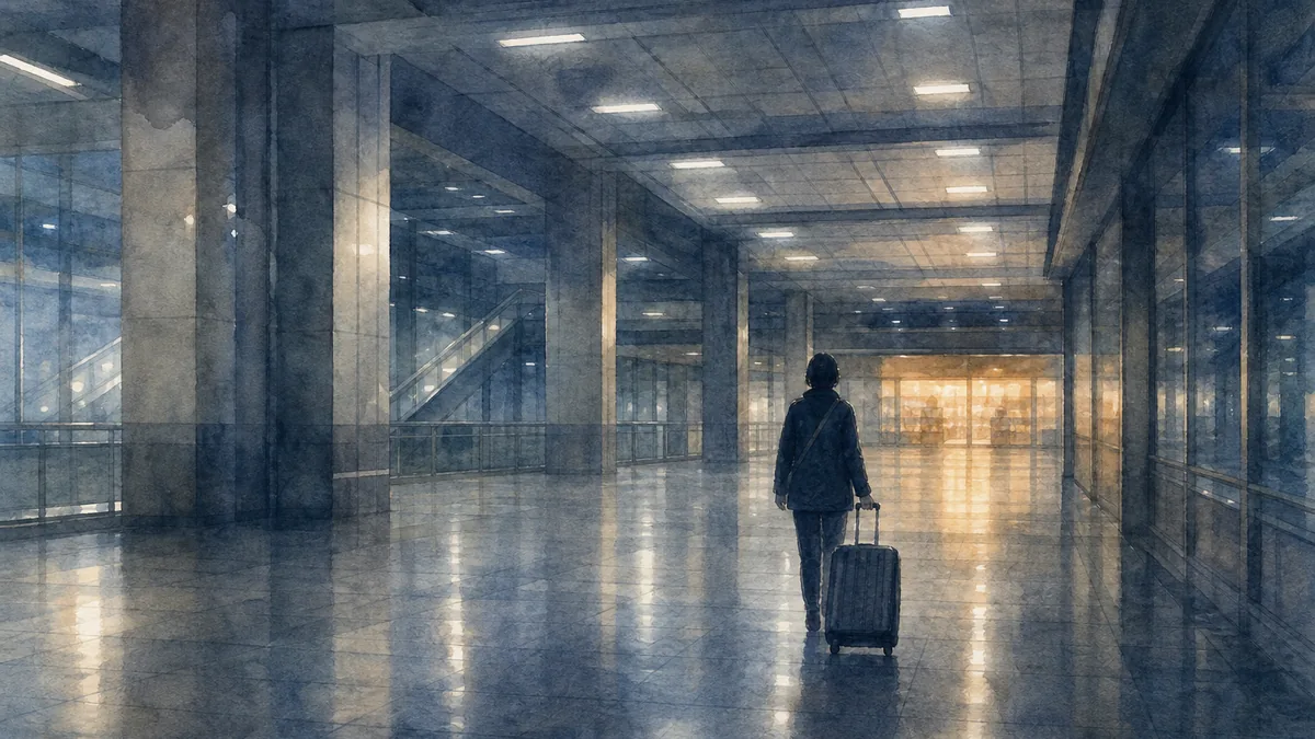 Watercolor illustration of a late-night arrival: a lone traveler seen from behind wheeling a suitcase across a quiet Tokyo station concourse, the warm glow of a convenience store in the distance