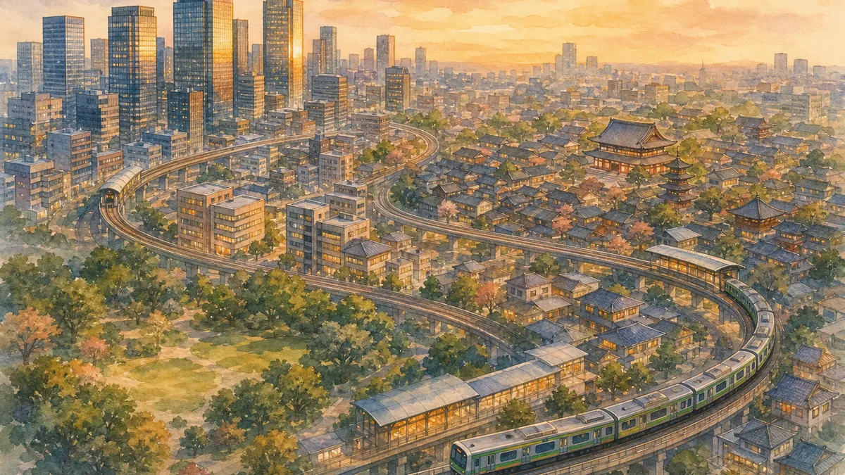 Watercolor illustration of Tokyo neighborhoods linked by rail at golden hour: a looping commuter line curving between glass high-rises, a traditional temple town and a leafy park, a green train passing a station